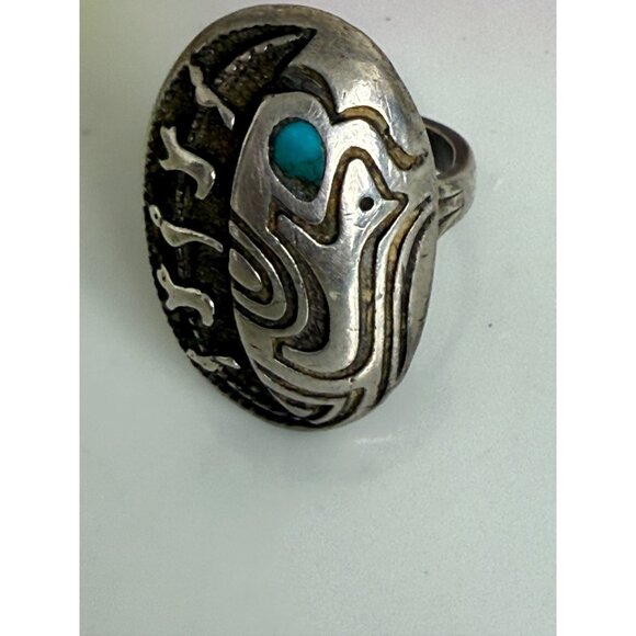 Vintage 60s Navajo Ring Sterling Turquoise Fetish Animals Birds Bears Size 7.25 - Picture 7 of 11